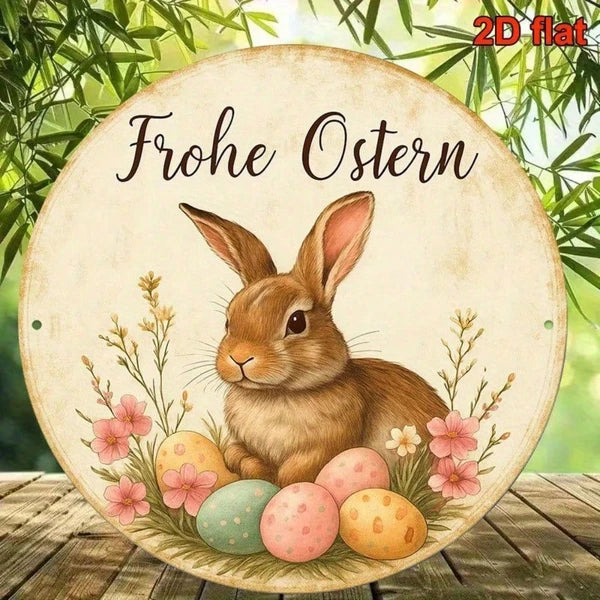 Vintage German Easter Bunny Metal Sign 8 Inch Round Aluminum Plaque - view 5