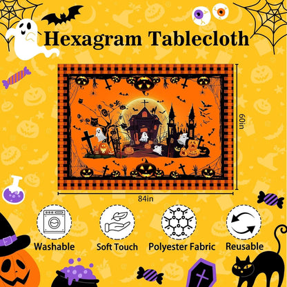 Hexagram Halloween Tablecloth Rectangle Pumpkin Tablecloths 60 x 84 inches Castle Ghost Table Cloth - view 4