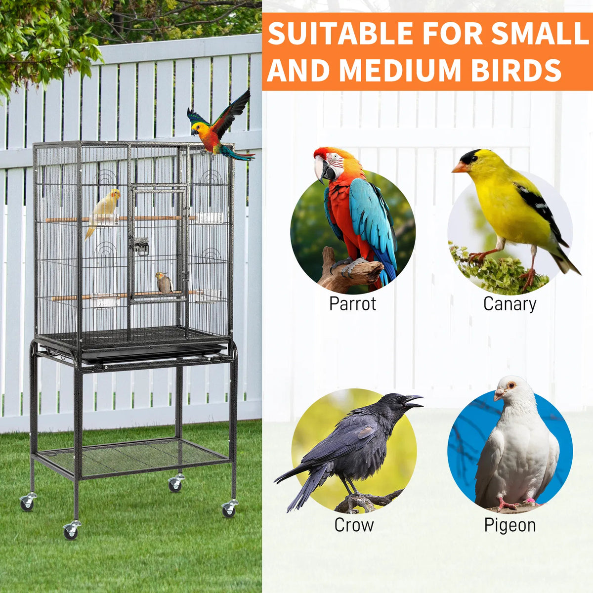 53" Large Flight Bird Cage with Rolling Stand & Storage Shelf for Parrots Lovebird Cockatiel Parakeets, Black - view 2