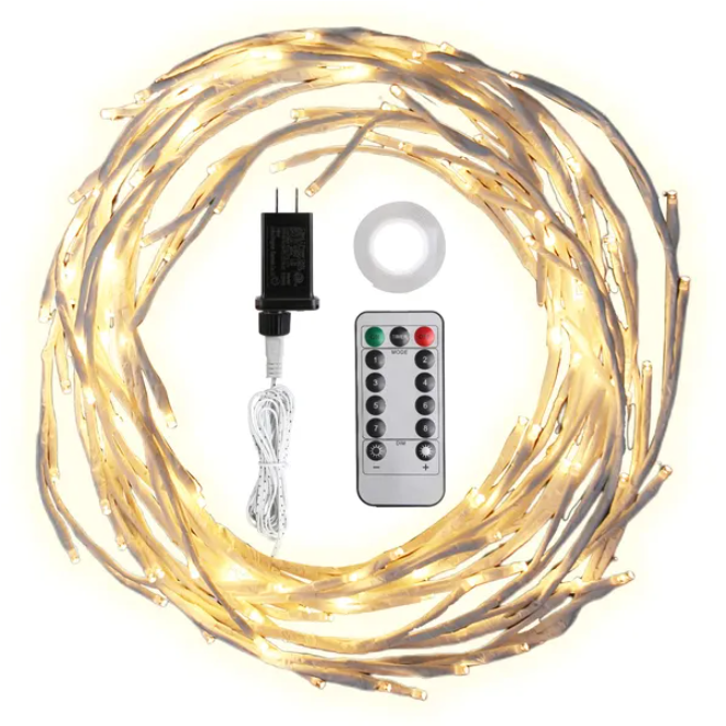 Birch Flower Wreath With Light String And Timer, 8 Modes, IP45 Waterproof