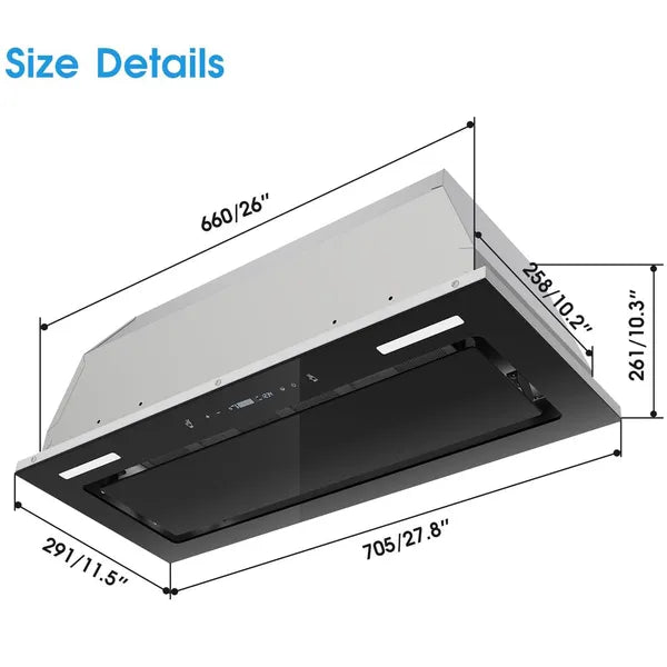 Range Hood Insert 30 Inch 800 CFM, Built-in Vent Hood Black Glass Gesture & Touch Control Kitchen Exhaust Fan - view 3