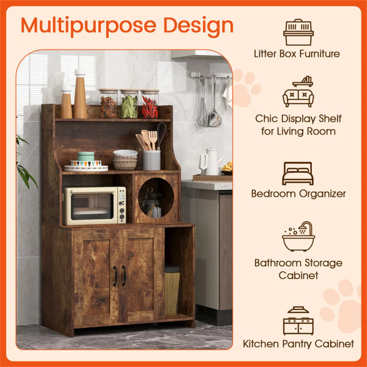 Wooden Hidden Cat Litter Box Enclosure with Storage Shelves Anti-Toppling Design Industrial Style Brown - view 3
