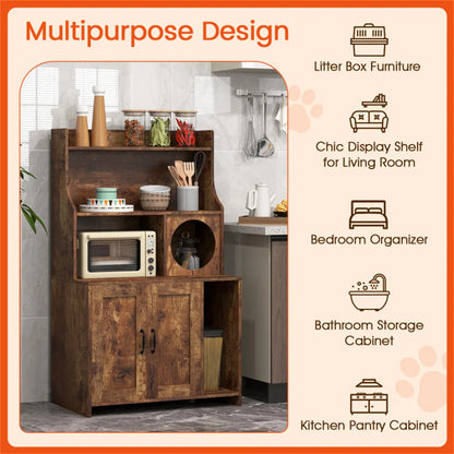Wooden Hidden Cat Litter Box Enclosure with Storage Shelves Anti-Toppling Design Industrial Style Brown - view 3