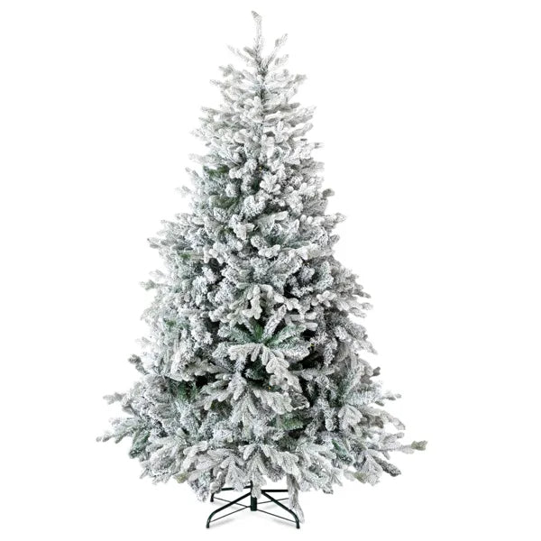 7 FT Pre-lit Snow Flocked Christmas Tree, Artificial Hinged Xmas Pine Tree With 1100 Branch Tips