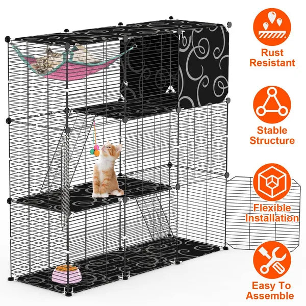 3-Tier Cat Cage Enclosure Indoor Cat Cage Playpen With Hammock Toy Ball Ladder DIY Iron Wire Cat House Kennels Crate