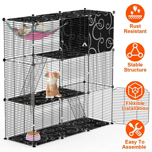 3-Tier Cat Cage Enclosure Indoor Cat Cage Playpen With Hammock Toy Ball Ladder DIY Iron Wire Cat House Kennels Crate