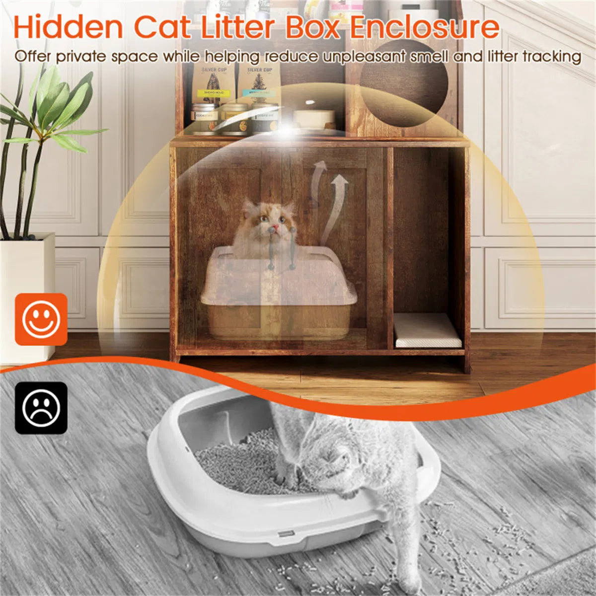 Wooden Hidden Cat Litter Box Enclosure with Storage Shelves Anti-Toppling Design Industrial Style Brown - view 2