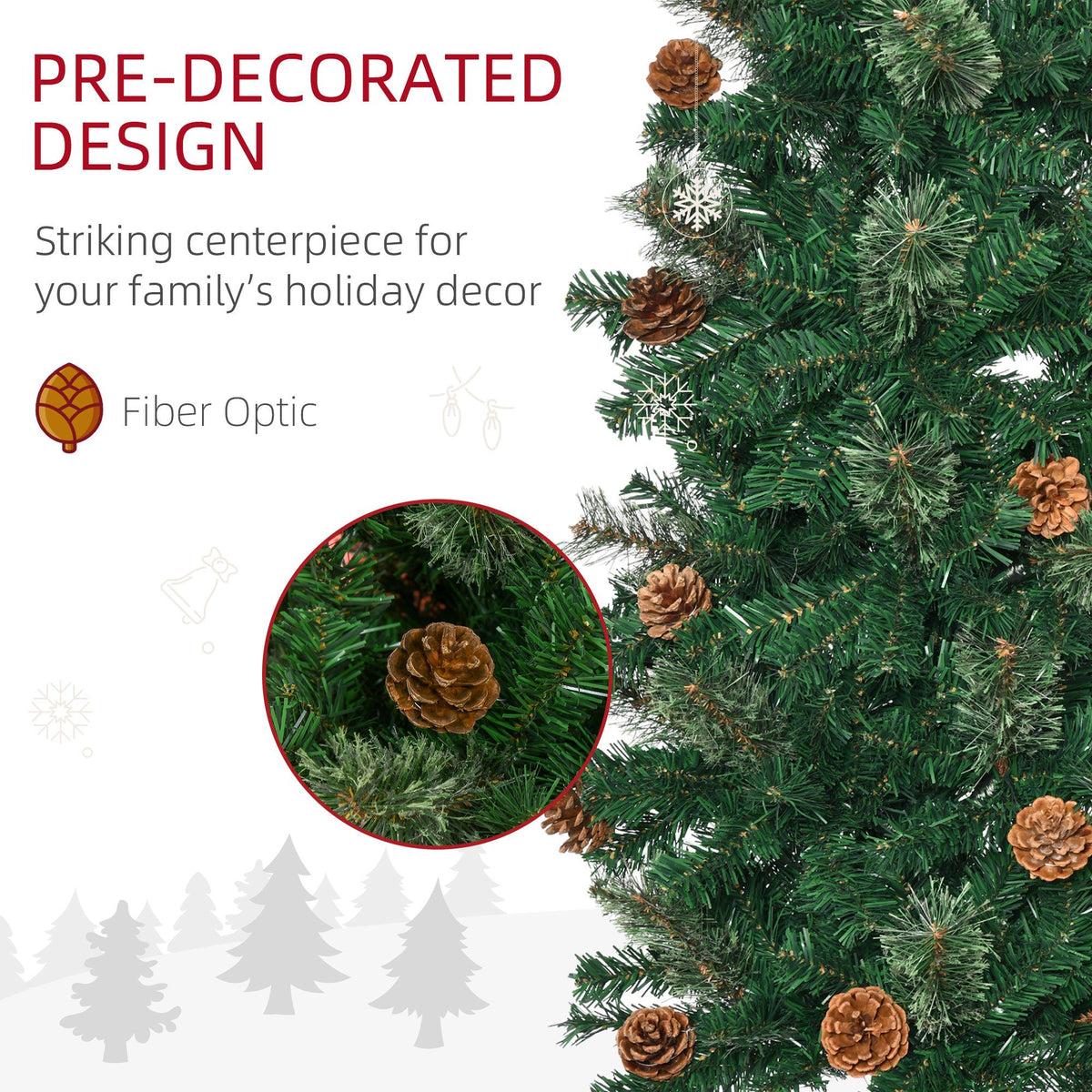 7.5ft Pencil Christmas Tree, Artificial Christmas With Pine Needles, Realistic Branches, Pine Cones, Metal Base, Green - view 5
