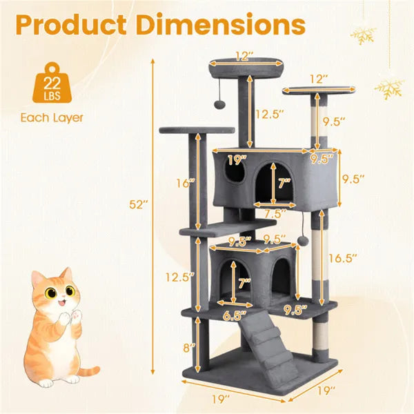 52" Tall Cat Tree Tower With Perches & Condos, Multi-Cat Playground With Scratching Posts (Light Gray) - view 4