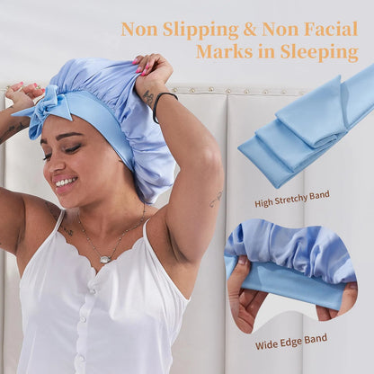 Silk Bonnet For Sleeping Women, Satin Hair Bonnet For Sleeping For Wavy Curly Natural Hair Women Men - Blue - view 6