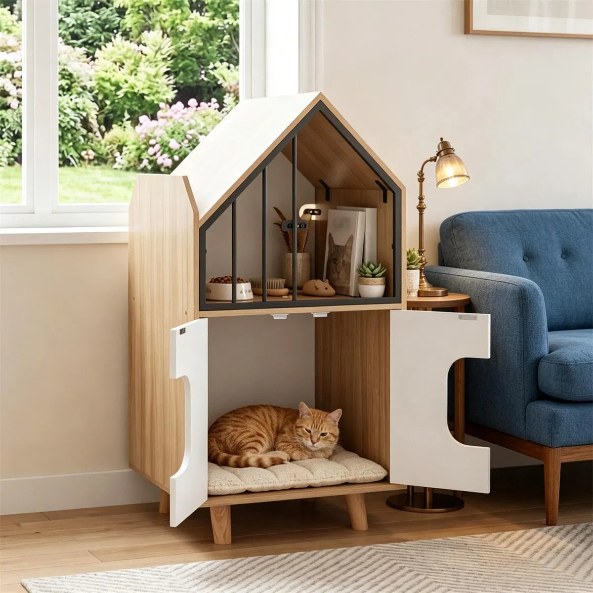 Natural & White Hidden Cat Litter Box Furniture, Elevated Cat Lounge Top Enclosed Cat Washroom Cabinet with Raised Legs - view 5