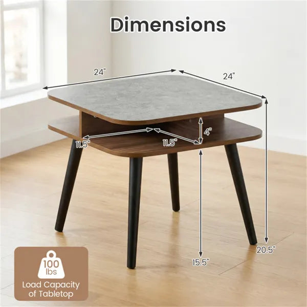 Faux Marble Side Table With 4-Sided Storage Shelves, 24" Square End Table For Living Room Bedroom - view 2
