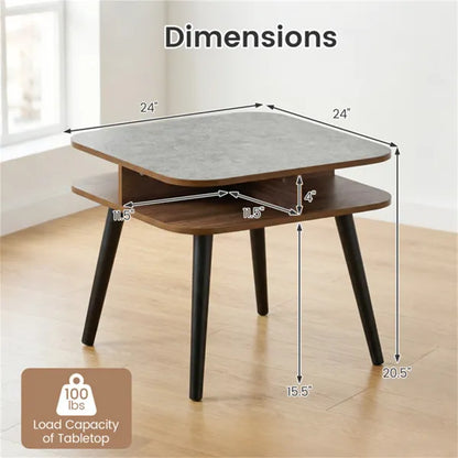 Faux Marble Side Table With 4-Sided Storage Shelves, 24" Square End Table For Living Room Bedroom - view 2