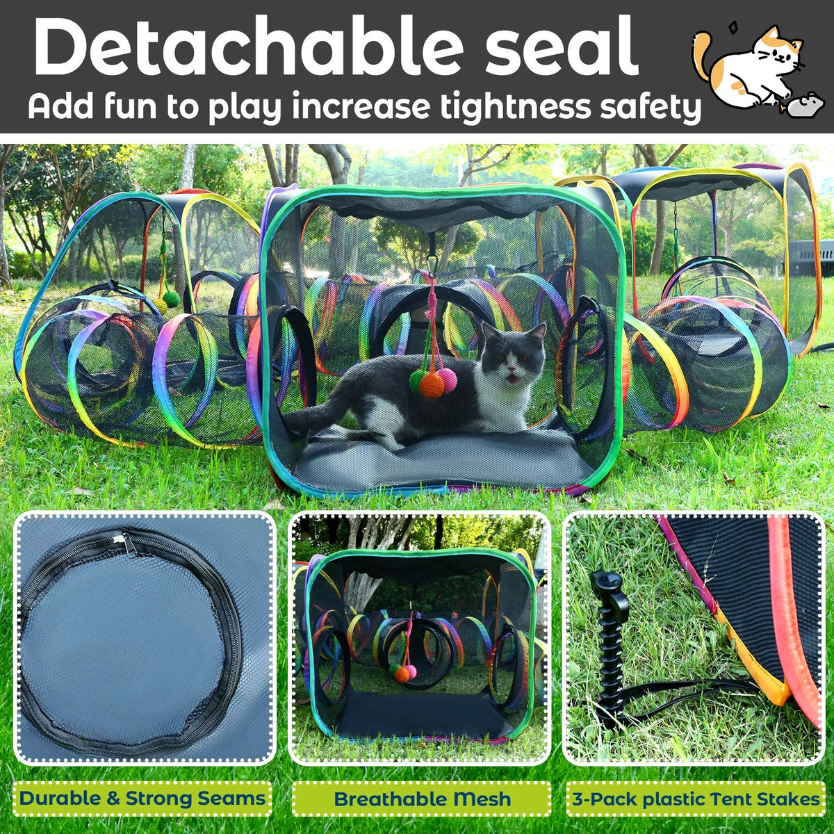 Portable Cat Enclosure - 7-in-1 Outdoor Catio with Tent & Tunnel, Foldable Playpen for Indoor Cats - view 5