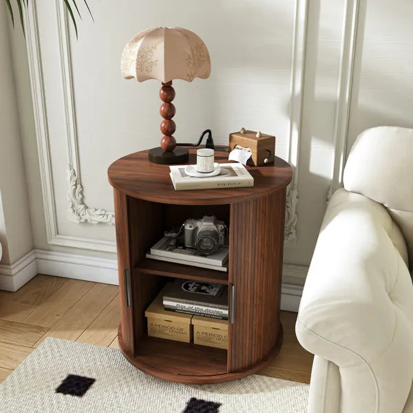 Mid Century Modern Cylinder End Table With Built-in Charging Station & Sliding Door