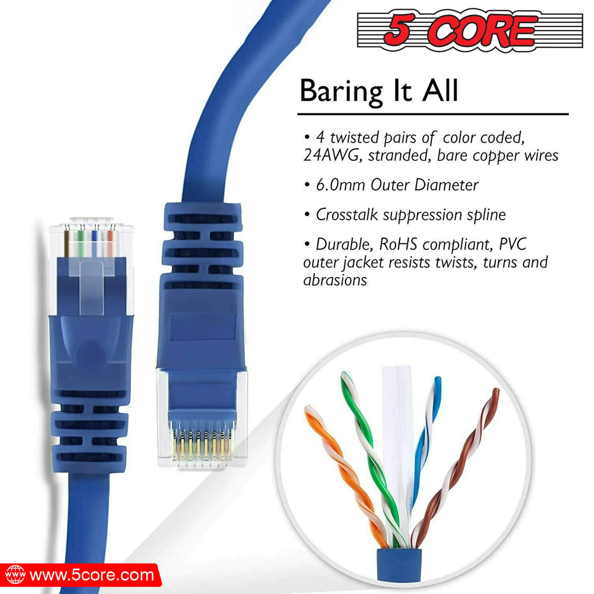 5Core Cat 6 Ethernet Cable 20ft Long Computer Internet Cables WiFi RJ45 Cord - view 7