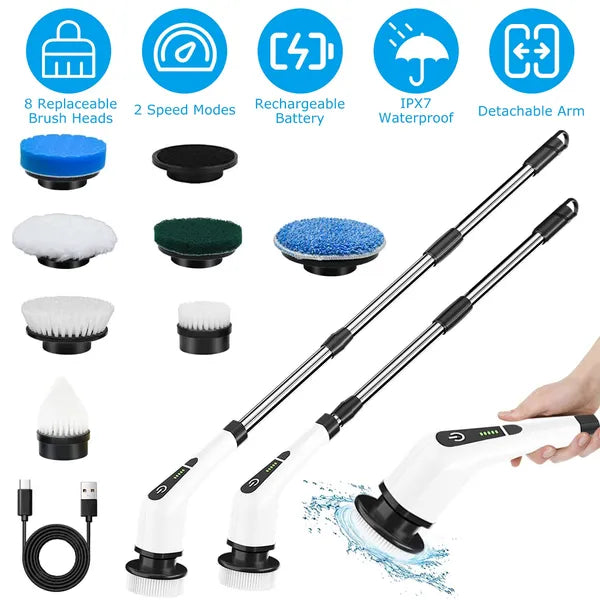 Electric Spin Scrubber Cordless Cleaning Brush Extendable With 8 Replaceable Heads 2 Speed Adjustable Extension Arm