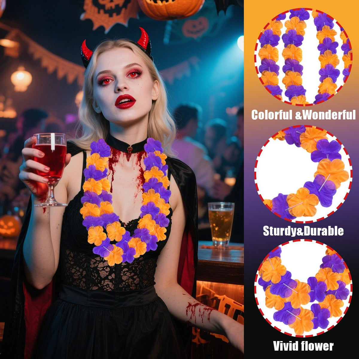 24 Pcs Halloween Leis Hawaiian Leis Necklace Tropical Flower Lei Floral Luau Party Decorations Orange Purple Dance - view 2