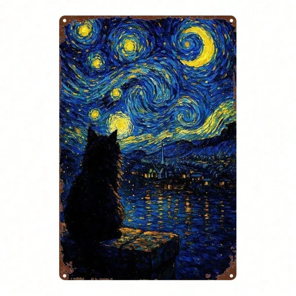1pc Starry Night Cat Metal Sign 8x12 Inch, Vintage Aesthetic Wall Plaque