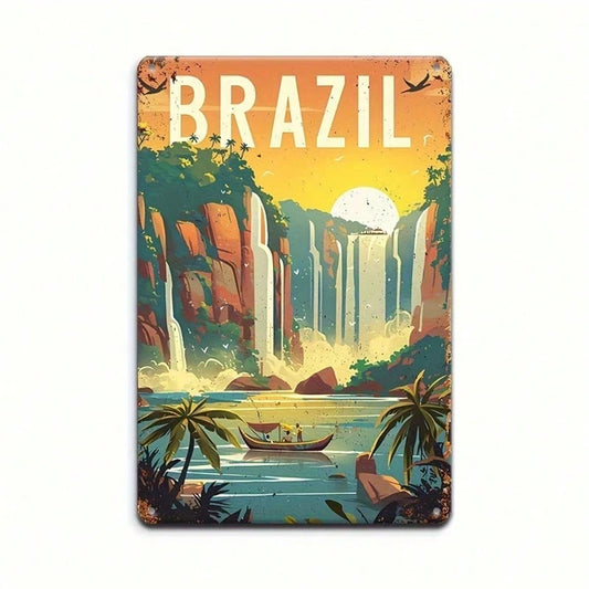Vintage Iguazu Falls Metal Sign, Retro Brazilian Waterfall Wall Art With Bold BRASIL Text