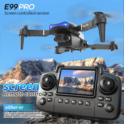 The E99 PRO Drone Is Equipped With A 4.91-inch Screen Controller, An SD Card, 2 Batteries, A Brushless Motor