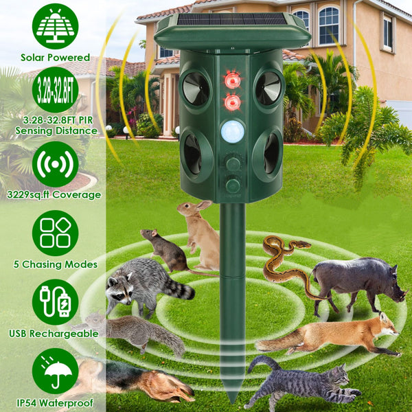 5 Modes Animal Repeller - Solar/USB Rechargeable, PIR Sensing, 3229Sq.ft Coverage, IP54 Waterproof
