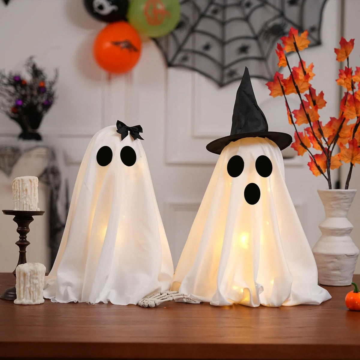 Light Up Halloween Scary Ghost Decorations, Set of 2 DIY Spooky Crafts for Indoor Home Mantel Shelf & Tabletop Decor - view 2