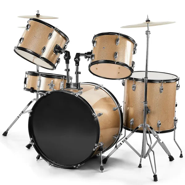 Full Size AdultDrum Set 5-Piece Champagne With Bass Drum, Two Tom Drum, Snare Drum, Floor Tom, Stool, Drum Pedal, Sticks - view 2