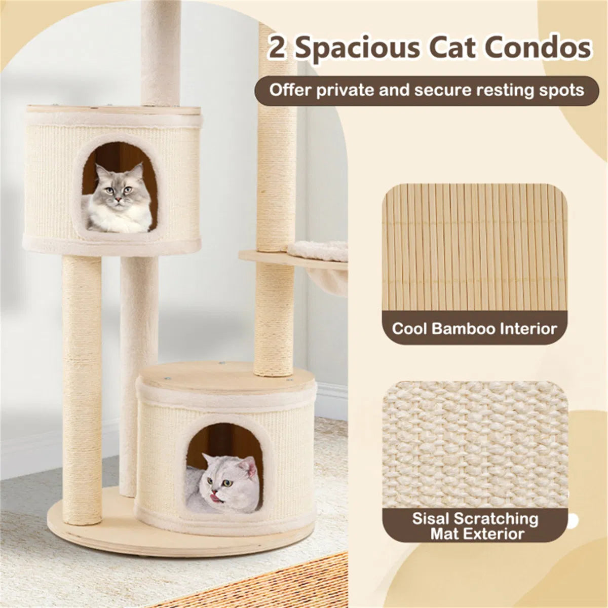 60 Inch Tall Wooden Cat Tree Multi-Level Cat Tower with Sisal Scratching Posts & Condos for Indoor Cats, Natural - view 8