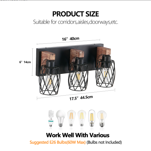 18inch Industrial Vintage 3-Light Wall Sconce - Black Cage Wall Lighting Fixture With Wooden Accents For Bathroom - view 3