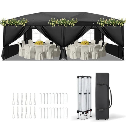 10' x20' Instant Pop Up Canopy Tent Black, 6 Panels 2 Doors 4 Mesh Windows, 28 And 22mm Powder Coated Steel Frame - view 6