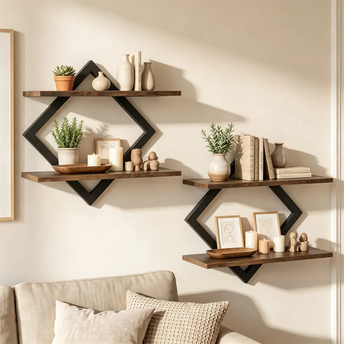 Black Rustic Brown 2Tier Floating Wall Shelves Set of 2, Diamond Metal Frame Wall Mounted Storage Shelves for Living - view 4