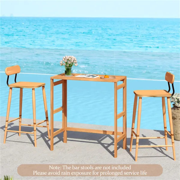 Natural Acacia Wood Foldable Patio Bar Table With Footrest & Slatted Top, Space-Saving Outdoor Pub Table - view 3