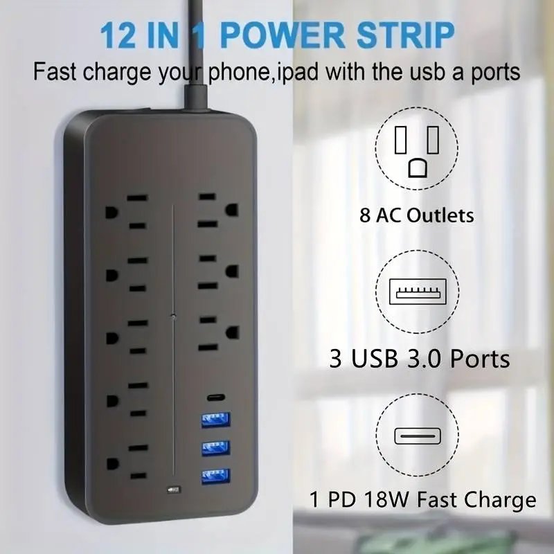 Regleta con protector de picos — 8 tomas + USB