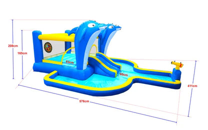 8 In1 Inflatable Slide Water Park Trampoline Bouncing House Outdoor Garden With Dolphin Sprinkler & Target Games & - view 2