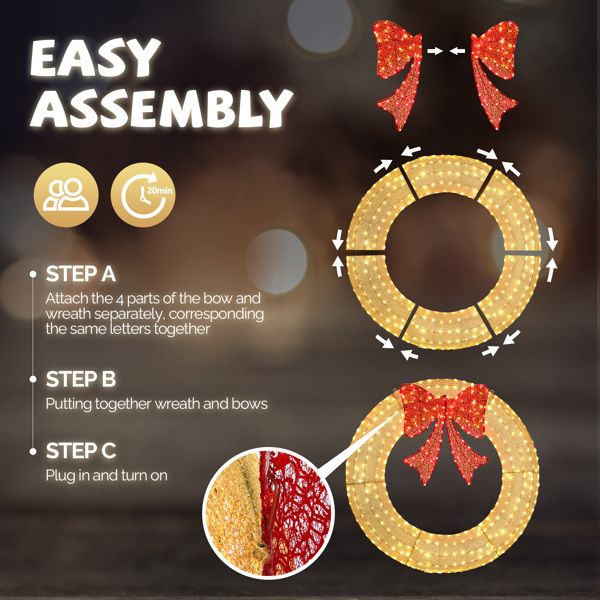 60in Pre-Lit Outdoor Christmas Wreath Decoration, LED Metal Holiday Decor For Home Exterior, Garden W 400 Lights, Bow - view 2