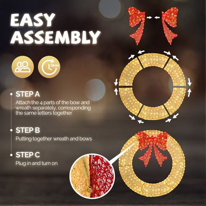 60in Pre-Lit Outdoor Christmas Wreath Decoration, LED Metal Holiday Decor For Home Exterior, Garden W 400 Lights, Bow - view 2