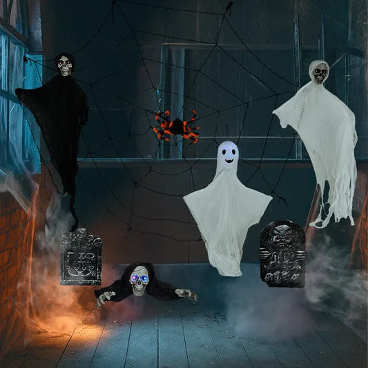 Outdoor Halloween Decorations 8-Piece Set, Hanging Ghosts Decor And Cobweb And Gravestone With Lighted Up Eyes - view 2
