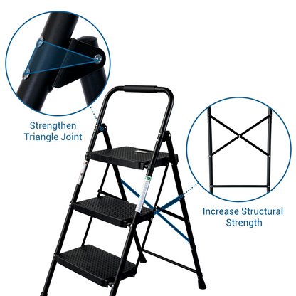 3 Step Ladder, Folding Step Stool With Wide Anti-Slip Pedal, Sturdy Steel Ladder, Lightweight, Portable Steel Step Stool - view 3