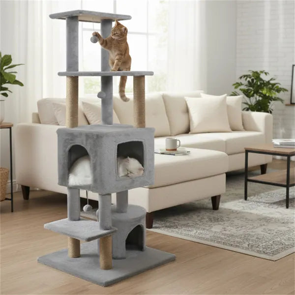 64" Light Gray Cat Tower With Plush Perches & 3 Dangling Balls, Jute Scratching Posts & Anti-Tipping Device - view 5