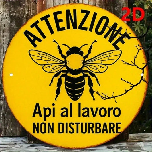 Vintage Bee Warning Sign 8x8 Inch, 2D Flat Round Decorative Plaque For Garden Farm Beehive Kitchen Office Studio Wall