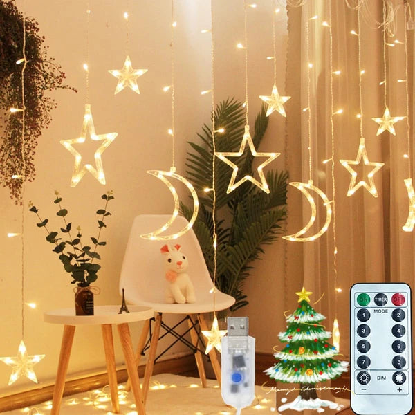 Ramadan Solar Icicle Lights,Outdoor Waterproof Moons Stars Curtain Window String With 8 Modes Timer Remote - view 4