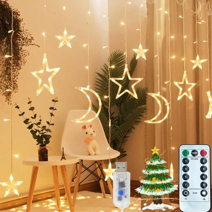 Ramadan Solar Icicle Lights,Outdoor Waterproof Moons Stars Curtain Window String With 8 Modes Timer Remote - view 4