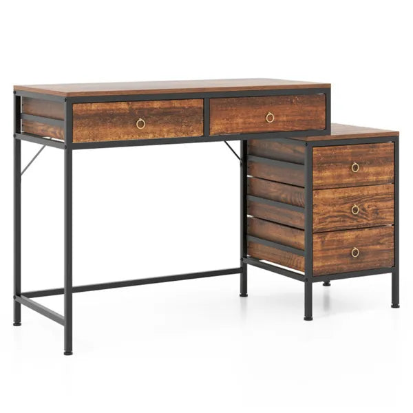 Home Office Dual Desktop Desk With 5 Storage Drawers, Powder-Coated Metal Frame Engineered Wood - view 2