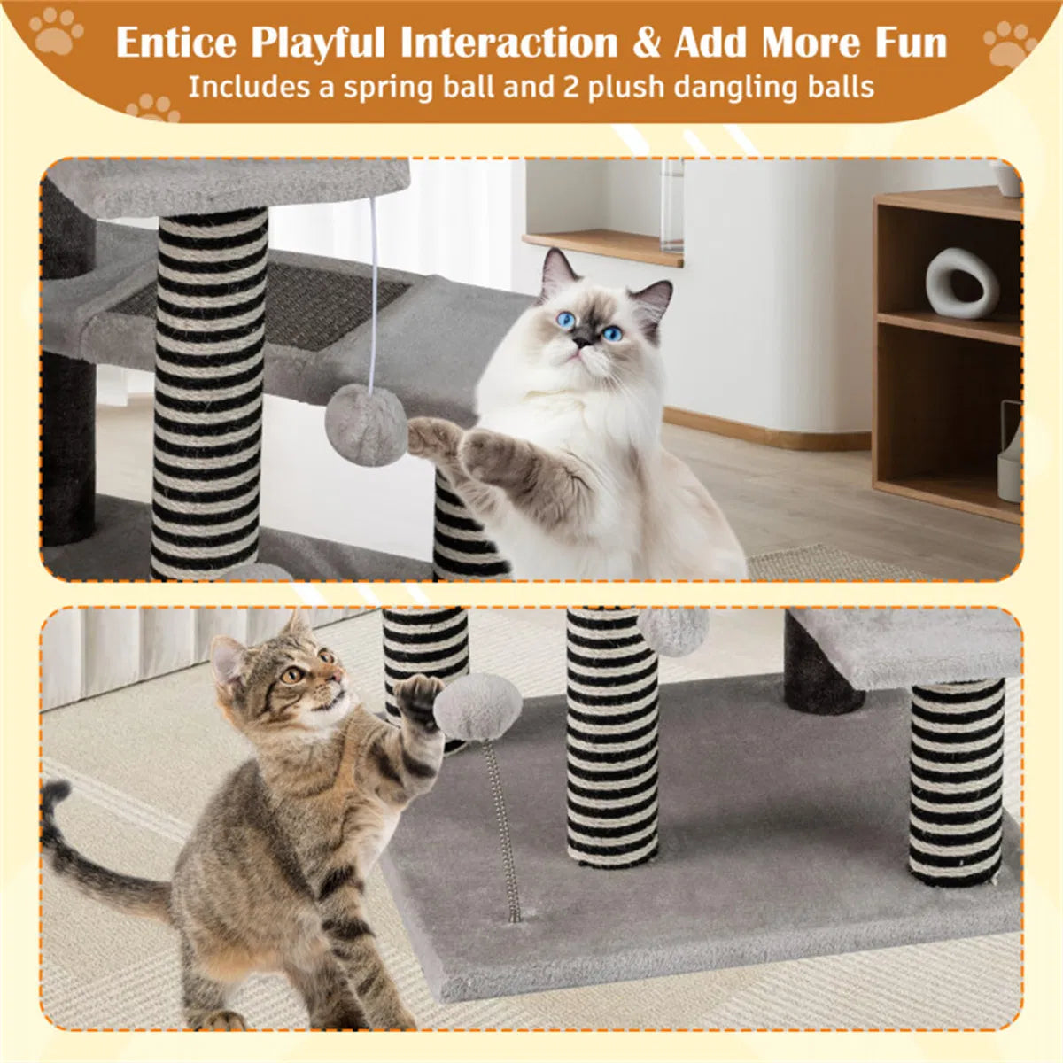 37" tall Cat Stairs with Scratching Mats - 3-Tier Perches, Spring Ball & Dangling Toys for Cats - view 5