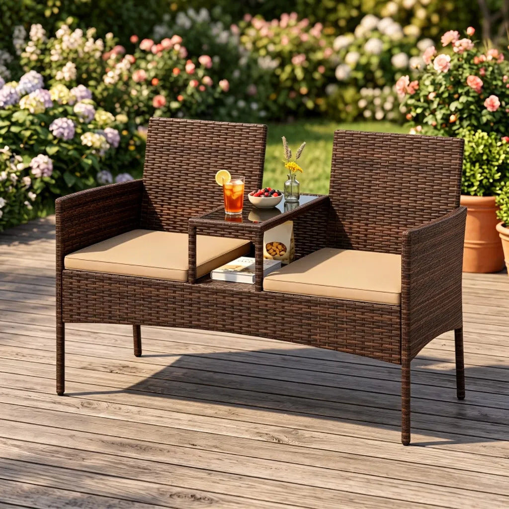 2-Seat PE Wicker Patio Loveseat Set, Outdoor Rattan Sofa with 2-Tier Tempered Glass Table - view 4