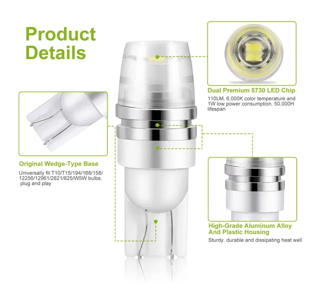 10PCS T10 LED Bulbs 194 LED Lights 12V 1W 5730 Xenon White Wedge - view 2