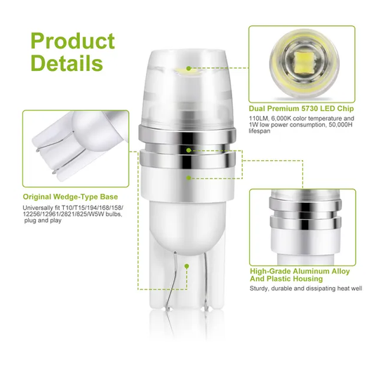 10PCS T10 LED Bulbs 194 LED Lights 12V 1W 5730 Xenon White Wedge - view 2