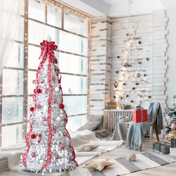 6 FT Fully Decorated Pre-lit Christmas Tree, Pop Up Artificial Xmas Tree With 100 Warm Lights And Red Ornaments - view 4