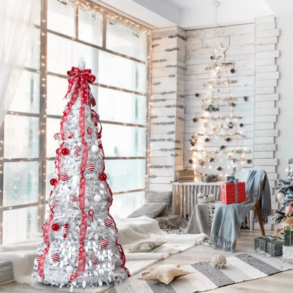 6 FT Fully Decorated Pre-lit Christmas Tree, Pop Up Artificial Xmas Tree With 100 Warm Lights And Red Ornaments - view 4
